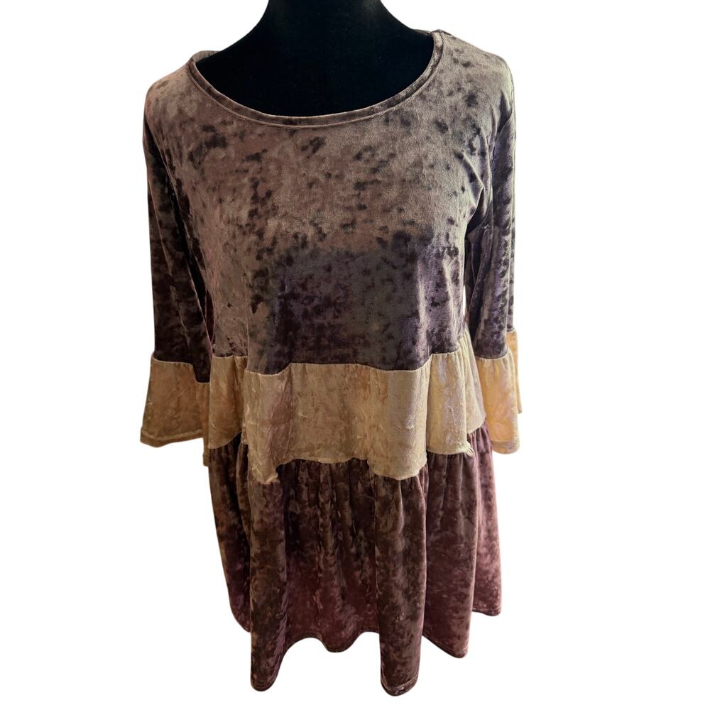 Indigo Soul Velvet Tiered S Brown Tan Colorblock Babydoll Ruffle Sleeve